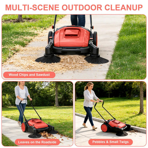 42 Inch Walk Behind Floor Sweeper With 15 Gallon Hopper For Industrial Use clearing wood chips and sawdust on a sidewalk.