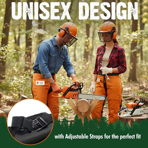 Two people wearing Orange 37 Inch Apron Style Chainsaw Chaps For Men And Women With Pocket And Adjustable Waist Built For Pro Grade Chainsaw Safety Gear And Leg Protection On The Job in a forest setting.