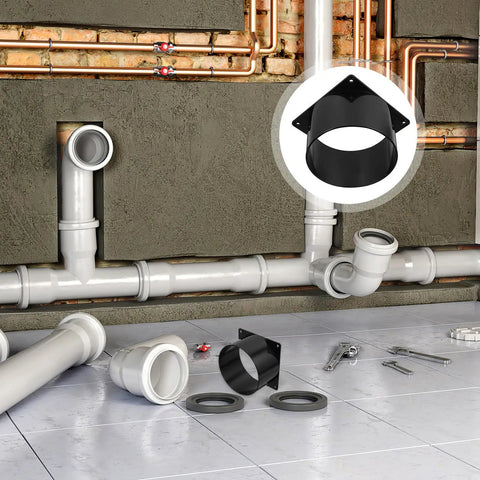 ZeroDeko Square Abs Plastic Duct Connector Flange Adapter For Dust Collection, Vent Hood Systems, Kitchen Exhaust Fans, Range Hoods, And Dryer Vents. Black square flange adapter mounted near white pipes.