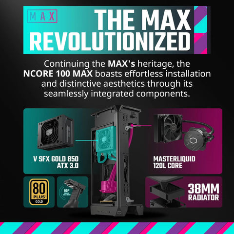 NCORE 100 MAX Mini ITX PC Case with 120mm AIO, V850W SFX PSU, PCIe 5.0 support, and 356mm GPU compatibility.