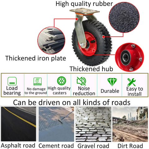 Heavy Duty Air Filled Caster Wheels With Swivel Brakes And Fixed Mounts, detailed view of rubber tires and thickened iron plate.