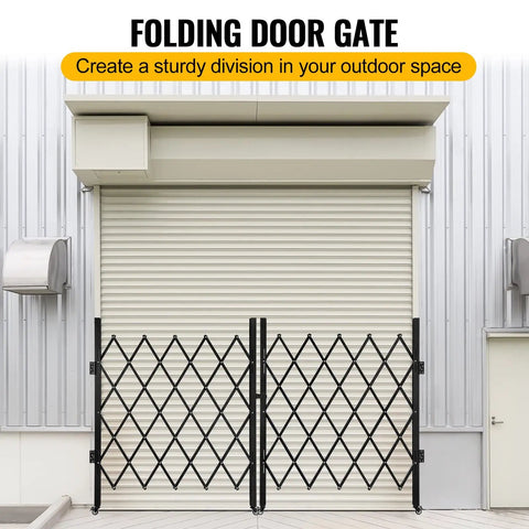 Badass Hella Secure Double Folding Security Gate With Heavy Duty Steel Caster Wheels Retractable Rolling Barricade Barrier built like a tank in outdoor setting.