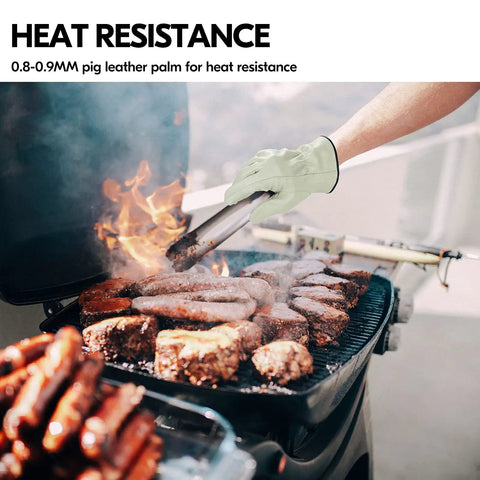 Pro Grade Unlined Pigskin Leather Work Gloves For Men With Hard As Nails Rigger And Builder Gear For Construction Landscaping And Weekend Chores Featuring Snag Resistant Grip And All Day Comfort, shown in use while grilling.