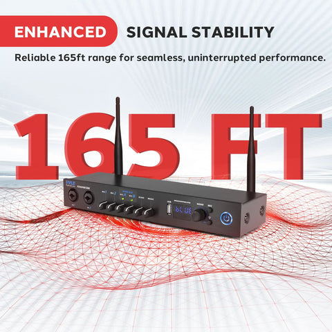 Digital Wireless Microphone System With Bluetooth, Two UHF Handheld Mics, Long Range Receiver With Built In Echo, 165 ft range