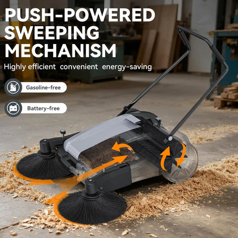 43 Inch Walk Behind Floor Sweeper With 15 Gallon Hopper Heavy Duty Industrial Cleaner For Warehouses showing push-powered sweeping mechanism.