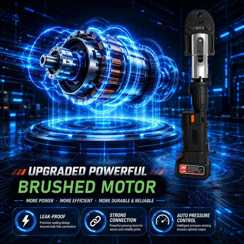 18V Cordless Brushless Electric Pressure Tool 60KN features a brushed motor for efficient, durable pipe pressing performance.