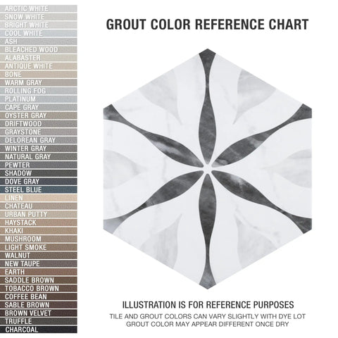 Grout color chart next to Dope Bardiglio Hex Flower Porcelain Tile 7x8 for floor and wall with medium sheen and subtle tone variation.
