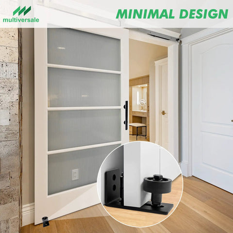 White sliding door with Black Barn Door Floor Guide Set with Handle and Latch Lock for sliding doors, close-up of floor guide.