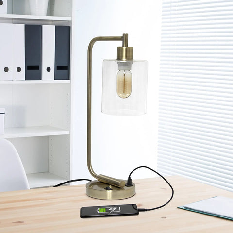 Old School Industrial Lantern Desk Lamp In Rose Gold Finish With Clear Glass Shade on office desk charging phone