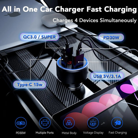 Four Port Car Charger With Voltmeter 78W Fast Charge USB C And USB A Hub for Cars On The Go, charging four devices