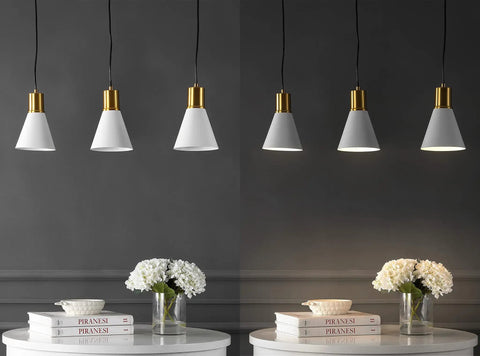 Mid Century Modern Iron LED Pendant Light with Sleek Black Metal Shade above elegant table setting with books and flowers