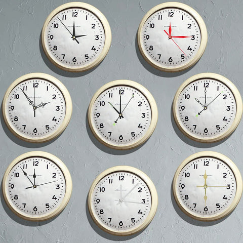 Wall of clocks showing different designs from High Torque Quartz Clock Movements Replacement Kit With Long Shafts 6 Pcs DIY Clock Repair Set.