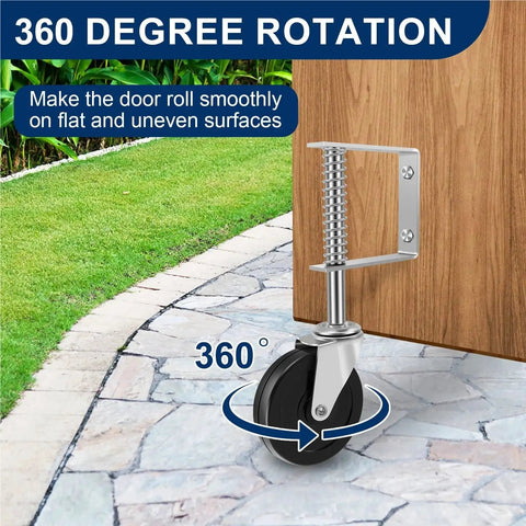 Rock Solid 4 Inch Rotating Gate Roller With Spring Loaded Adjustable Support Caster For Wood Or Metal Gates smooths 360 degree rotation on outdoor surfaces.