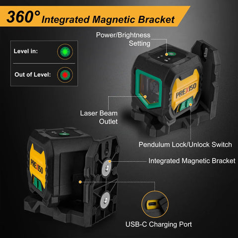 Self Leveling Laser Level With 47 Inch Tripod IP54 Rechargeable Green Laser 65 Feet Range 3 Brightness Line Modes Type C Charging Great For Quick Accurate Layouts, USB-C port and magnetic bracket