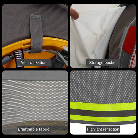 Close-up of High Visibility Hard Hat Sun Shade Visor Neck Protector, showing velcro fixation, storage pocket, breathable fabric, and reflective strip.