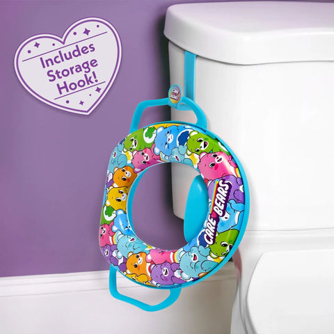 Chill Comfy Toddler Potty Training Seat With Ultra Thick Cushion And Non Slip Toilet Pad Featuring Rock Solid Grip Handles Plus Quick Release Storage Hook, colorful design on toilet with storage hook.