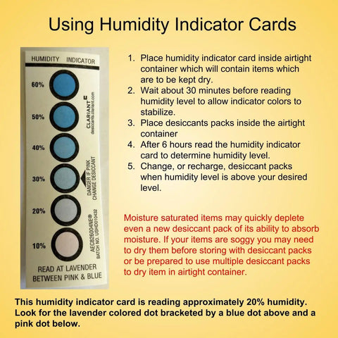 Instructions for Reusable Humidity Indicator Cards showing humidity levels and usage guidelines, for tracking moisture levels.