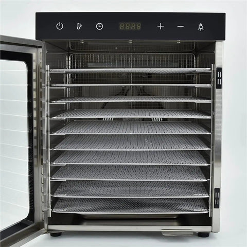 Premium Electric Food Dehydrator With Six Heavy Duty Mesh Trays open view showing six stackable trays for drying foods.