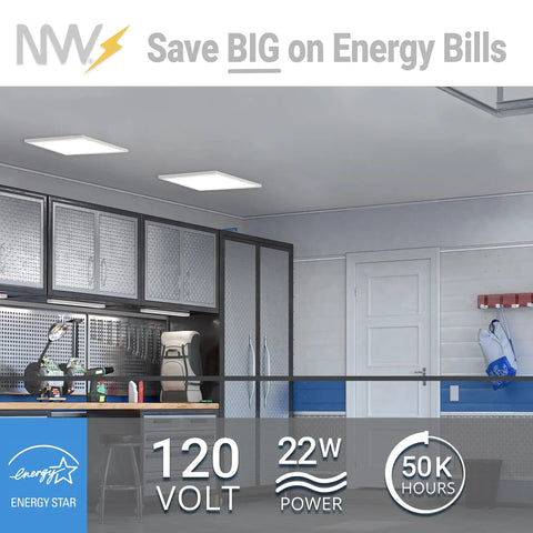 Garage interior with 1x2 Ft LED Surface Mount Panel Light With 5 CCT Options 2700K 3000K 3500K 4000K 5000K Dimmable 22W 2000 Lumens