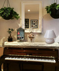 Swirl Mushroom Lamp With Vintage Striped Murano Glass, 9.9 Inch, on piano with indoor plants and decorative items