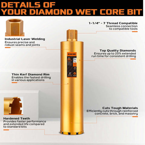 Front view of KSEIBI 619140 wet diamond core drill bit, 5-1/2 in diameter with 1-1/4-7 arbor, gold body.
