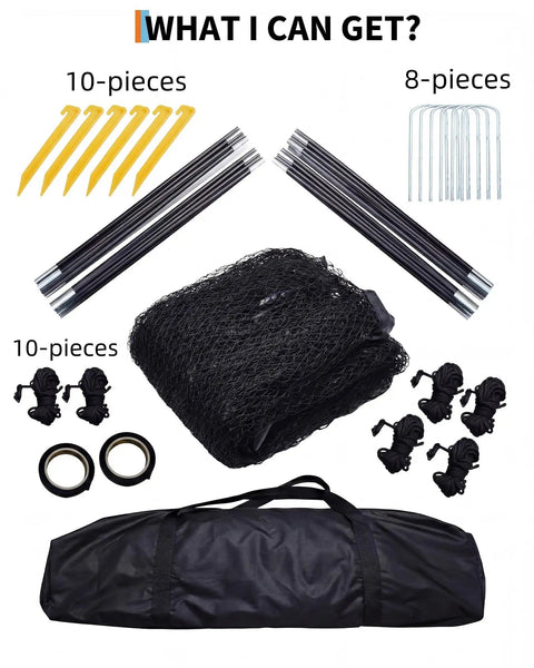 33 Ft Baseball Batting Cage With Frame And Net For Backyard including stakes, poles, net, rope, and carry bag.