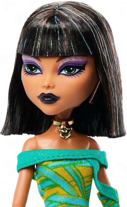 Cleo De Nile Fashion Figure Featuring A Chic Asymmetric Wrap Dress And Bold Over The Shoulder Neckline, detailed face with stylish makeup.