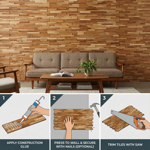 EZ-Wall 3D Teak Mosaic Tiles Mesh-Backed Wall Panels Natural Finish DIY Install set above sofa with installation steps below