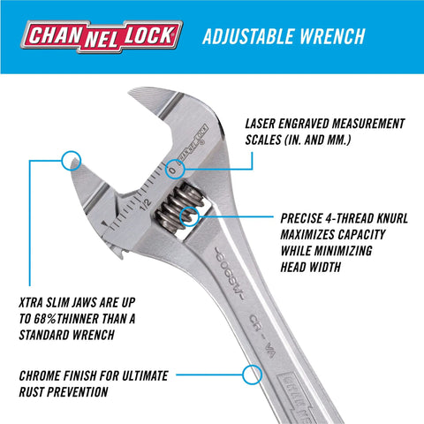 Six Inches Extra Slim Jaw Adjustable Wrench Engineered For Tight Shuts With Snag Free Clearance And Laser Engraved Scales close-up view with measurement markings.