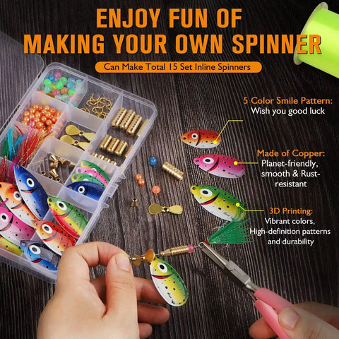 DIY Spinner Lure Kit For Bass Fishing With Inline Spinner Baits, 228-Piece Pack showing tools and components for lure making.