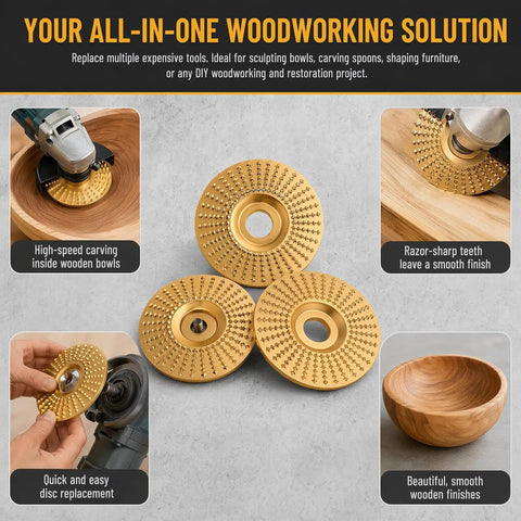 Three Piece Wood Carving Disc Kit For Angle Grinders Four Inch And Four Point Five Inch Tungsten Carbide Cutting Wheels