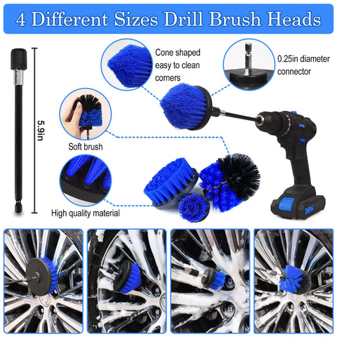 27 Piece Car Detailing Kit With Drill Brush Set showing 4 sizes of blue drill brush heads for wheels