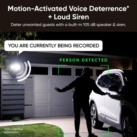 Outdoor Floodlight Security Camera 2K HD With Color Night Vision illuminating driveway, detecting person by car with motion-activated siren.