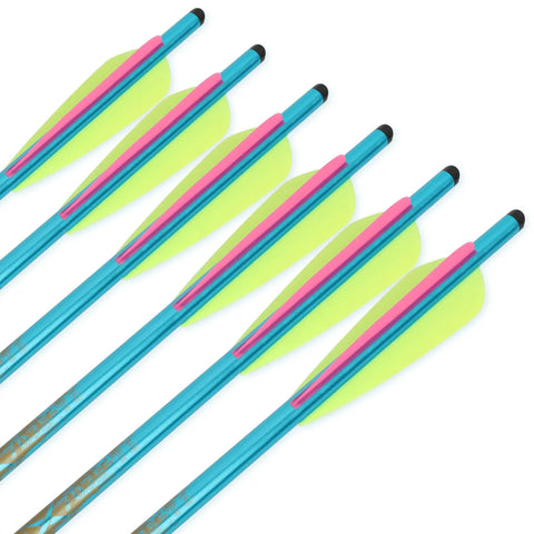 Aluminum Crossbow Bolts 20 And 22 Inch Arrows With Screw In Broadheads For Hunting And Target Practice, 7075 T6 Alloy Shaft Delivers Fast Flight With Low Hand Shock, Durable Pack Of 6 Or 12 In Pink And Yellow.