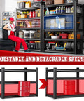 Beefy 5-Tier Heavy Duty Metal Garage Shelving Set 3 Pack in workshop with adjustable shelves and red bins