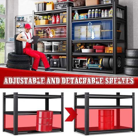 Beefy 5-Tier Heavy Duty Metal Garage Shelving Set 3 Pack in workshop with adjustable shelves and red bins