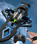 Flying Sword RC Airplane Gesture Control Drone with remote and tactile controller for kids and adults, black and blue design.