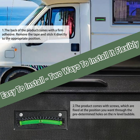 Heavy Duty RV Sight Glass Levels 2 Pack Camper Trailer Tilt Gauge Kit mounted on RV, showing adhesive and screw installation options.