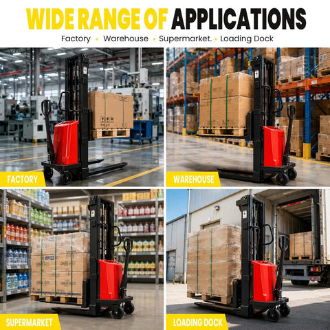 Heavy Hitting Electric Walkie Pallet Stacker With Strong 1.6 Kw Motor Plus Steel Frame Boasting Two Thousand Two Hundred Four Pound Capacity And Ninety Eight Inch Lift Height For Dock To Rack Yard Work in factory and warehouse settings.