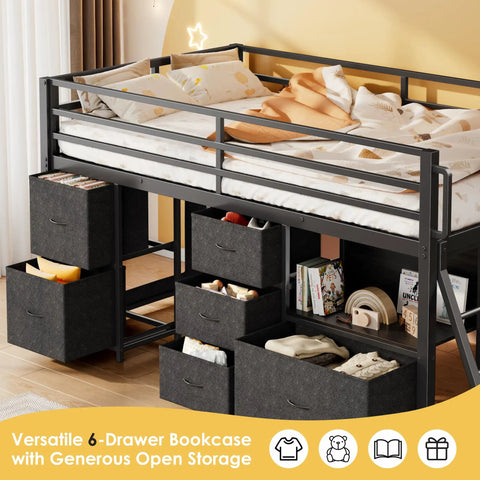 Twin Loft Bed With Six Storage Drawers Built In Bookcase LED Lights Play Curtain Kid Friendly Safety Rails And Ladder Black Space Saving Two Tier Design For Active Kids