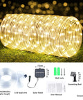 66 Feet Of 200 LED Solar Rope Lights With 8 Modes No Fuss Waterproof Outdoor String Lights In Clear Tube on display with accessories