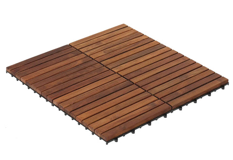 EZ-Floor Interlocking Teak Flooring Tiles With Solid Teak Wood Oil Finish Long Slat Set Of 10 in square configuration on white background.