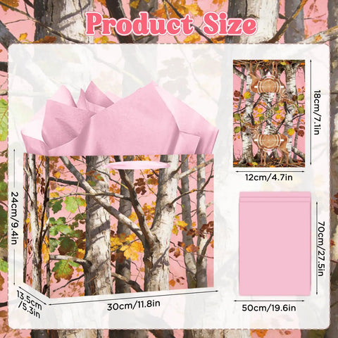 Pink Deer Camo Gift Bag Set with tissue paper, greeting card, woodland theme shown with dimensions and pink leaf design.