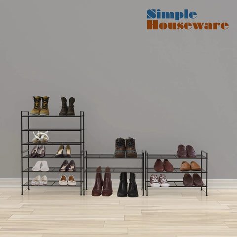 Three Tier Stackable Wired Grid Shoe Rack In Tough Black Steel Holds Nine Pairs Of Kicks And Casual Shoes With A Low Profile Design for organized shoes.