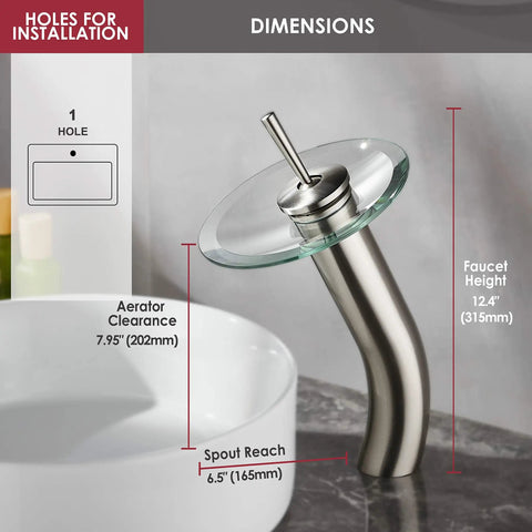 Waterfall Glass Spout Bathroom Faucet With Single Handle Solid Brass Lavatory Vessel Sink Vanity Tap in Brushed Nickel shown installed