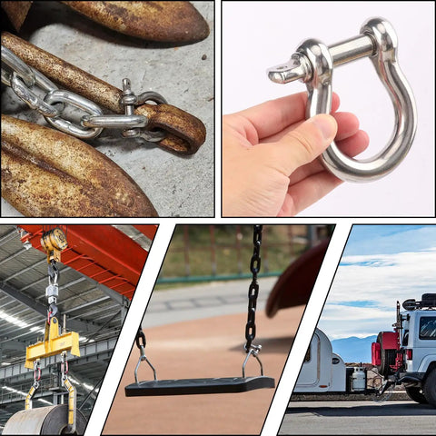 Five Eighth Inch D Ring Anchor Shackles Set Of Five, 304 Stainless Steel Screw Pin Shackles For Towing, Industrial Outdoor Vehicle Recovery, Rust Resistant, 16 mm Breaking Load 41,876 Lbs with various uses shown, including towing and lifting in industrial and outdoor settings.