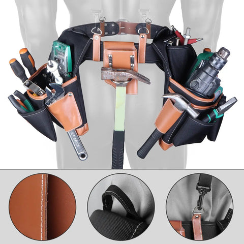 Heavy Duty Electrician And Carpenter Tool Belt With Full Grain Leather Construction, 19 Pouches, Adjustable Suspension System