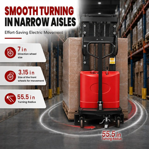 Heavy Duty Full Electric Pallet Stacker With Adjustable Forks Handles 3500 Lbs Load And 94 Inch Lift Height showing wheel size and turning radius in a warehouse.