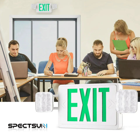 Two Pack LED Exit Sign With Emergency Lights Battery Backup UL Listed installed above office door, people working.