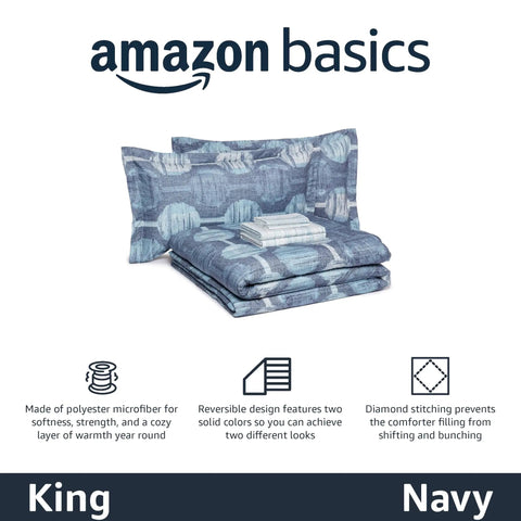 King Size Lightweight Microfiber Comforter Set With Navy Geometric Print Seven Piece Bedding Ensemble shown with solid color options.